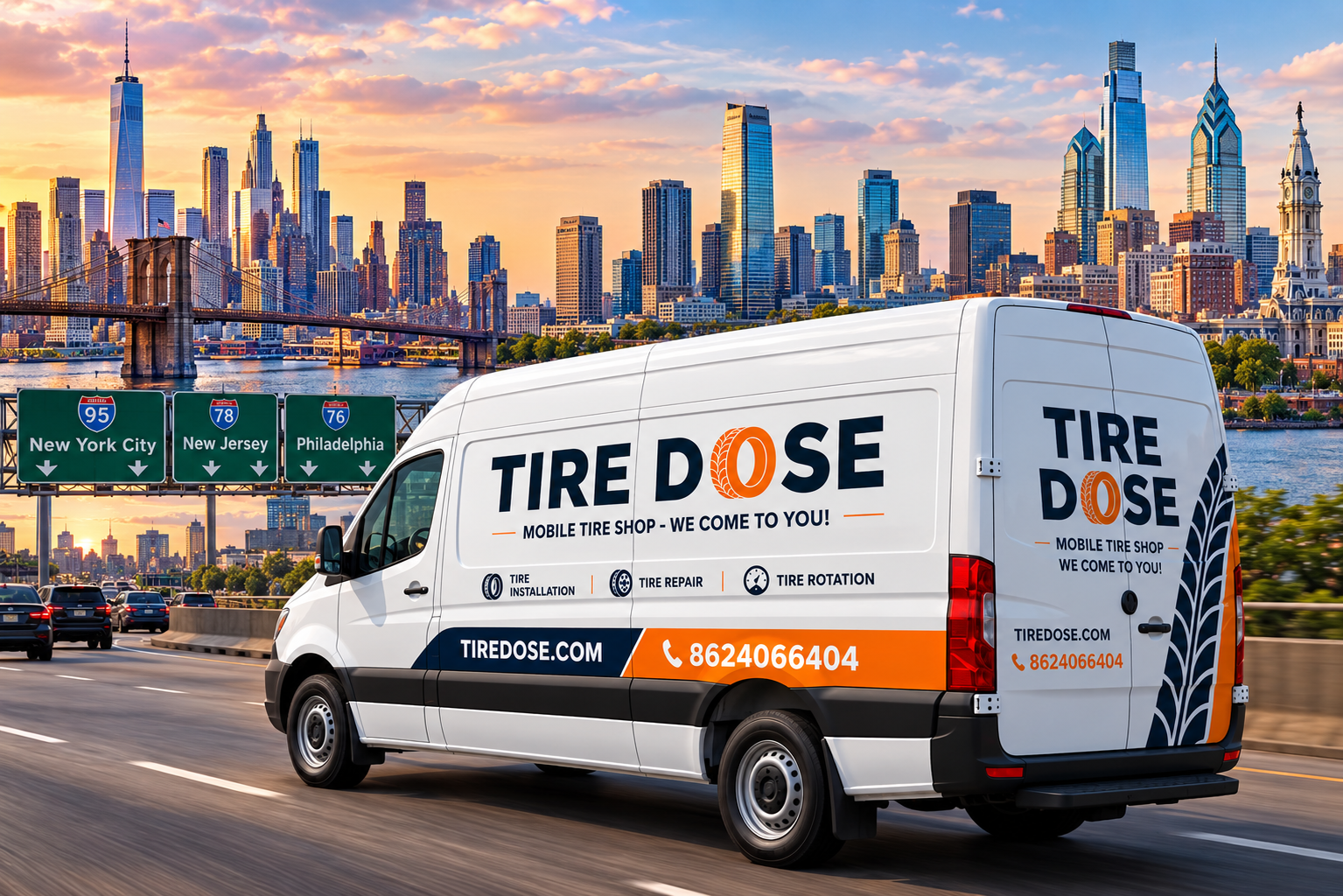 Tire Dose mobile tire repair van driving through the New Jersey and Philadelphia region
