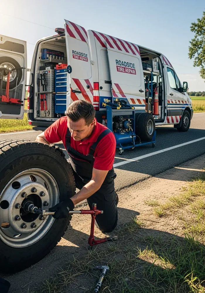 Tire Dose mobile tire service technician working on a commercial truck tire roadside in New Jersey